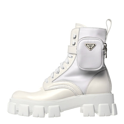 Prada Spazzolato Rois Re-Nylon Metal Triangle Logo Mens Monolith Pouch Pocket 60mm Combat Boots 8 White 1 of 12