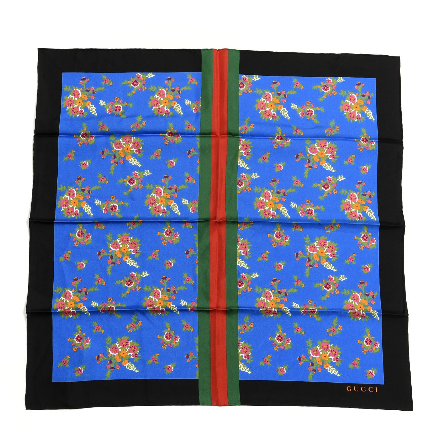 Gucci Silk Floral Print Web Square Scarf Black Blue 1 of 4