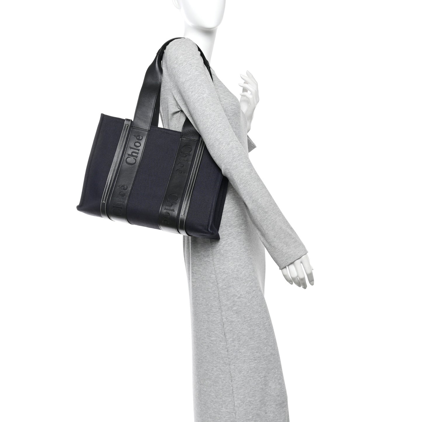 Cotton Shiny Calfskin Medium Woody Ribbon Tote Obscure Navy