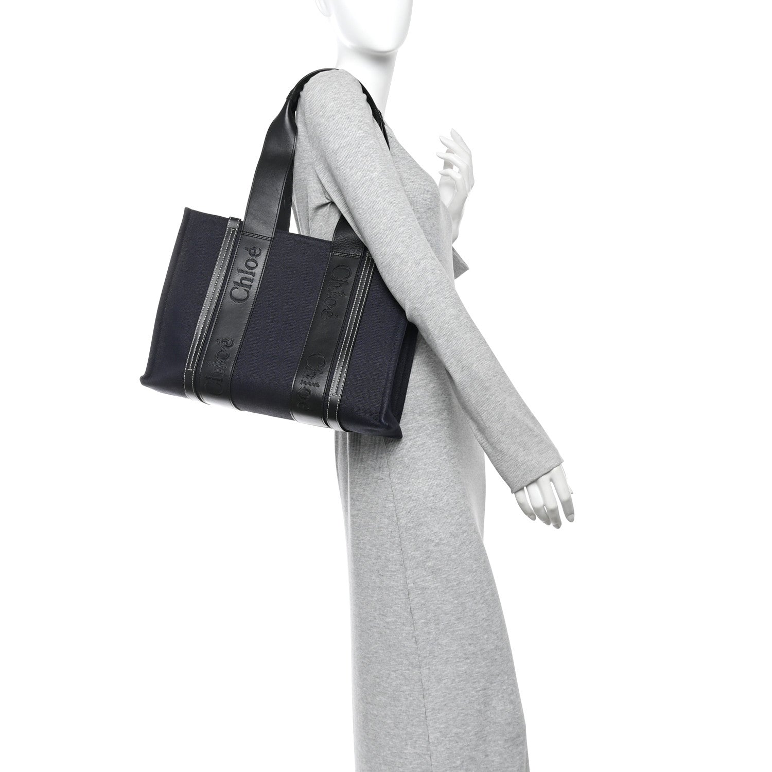 Chloe Cotton Shiny Calfskin Medium Woody Ribbon Tote Obscure Navy 2 of 12