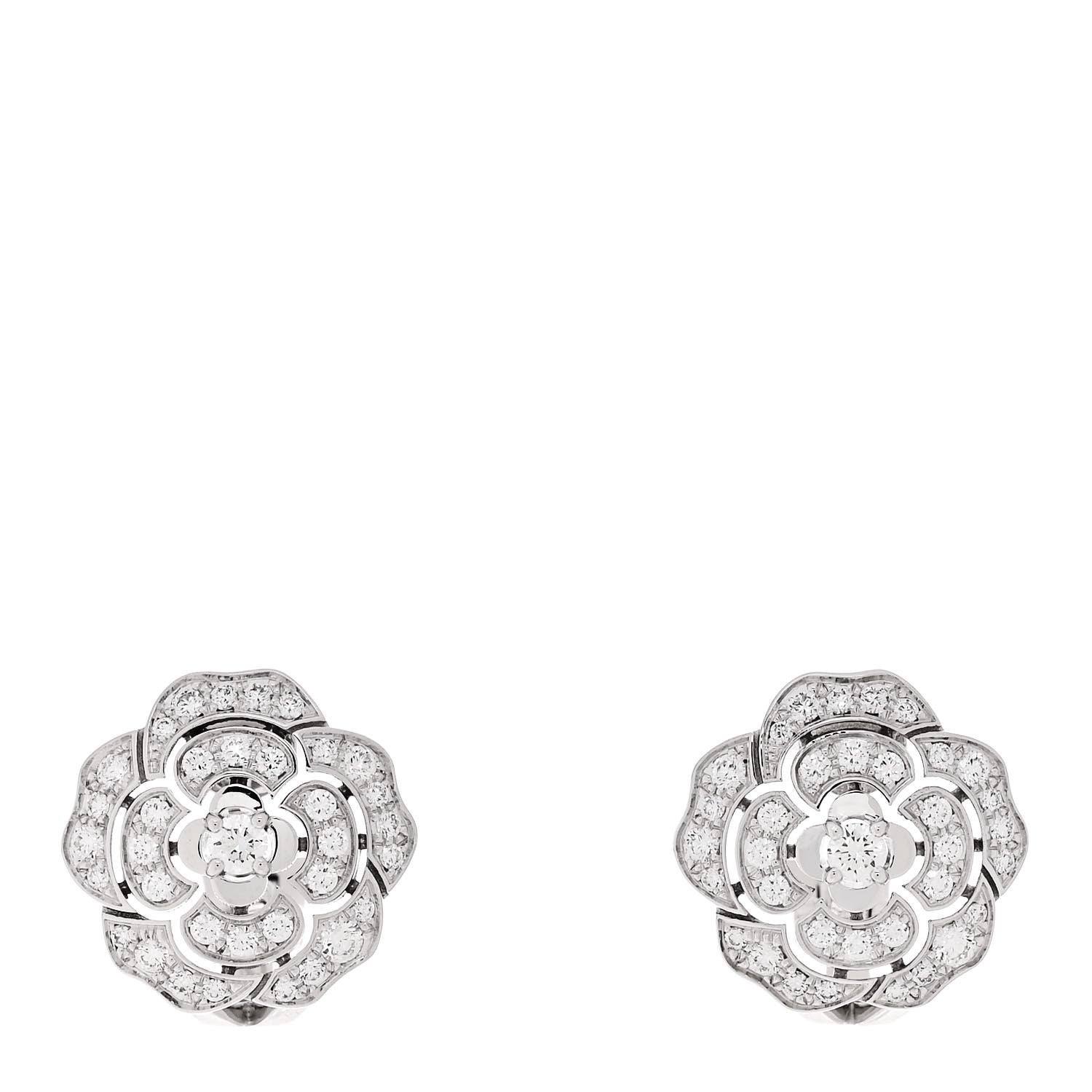 Chanel 18K White Gold Diamond Bouton de Camelia Earrings 1 of 5