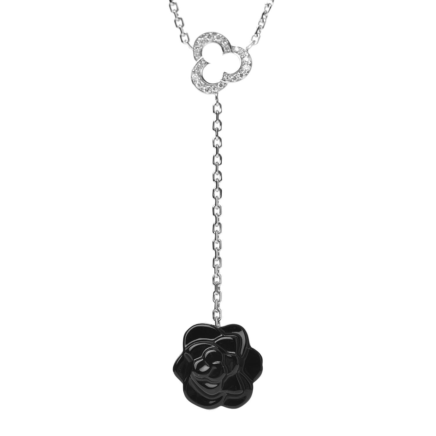 Chanel 18K White Gold Diamond Black Onyx Camelia Sculpte Pendant Necklace 4 of 5