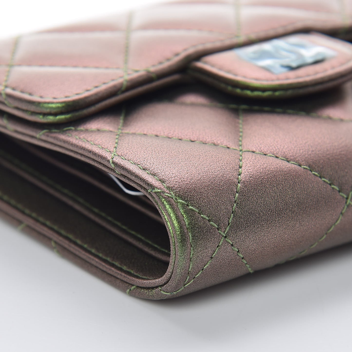 Iridescent Lambskin Quilted Small Compact Wallet Green
