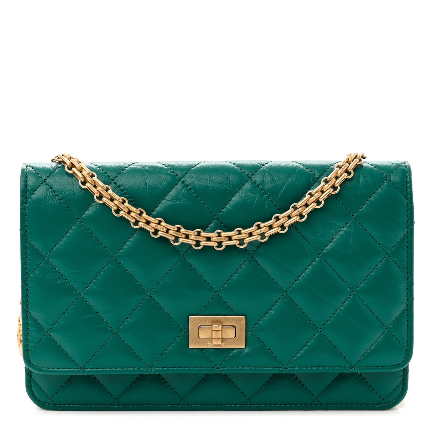 image of CHANEL Aged Calfskin Quilted 2.55 Reissue Wallet On Chain WOC in the color Green by FASHIONPHILE
