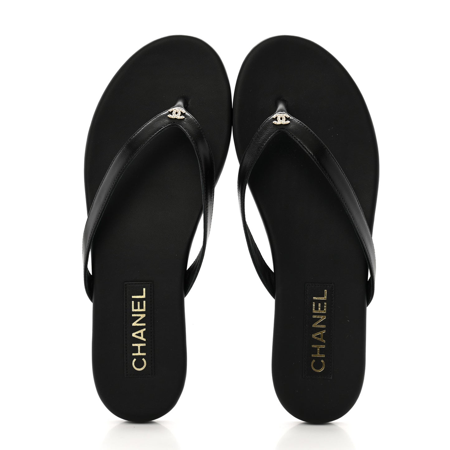 Shiny Lambskin Crystal CC Thong Sandals 40.5 Black