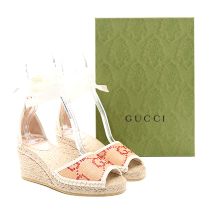 Gucci GG Raffia Monogram Ankle Wrap Platform Espadrille Wedge Sandals 36.5 Beige 9 of 9