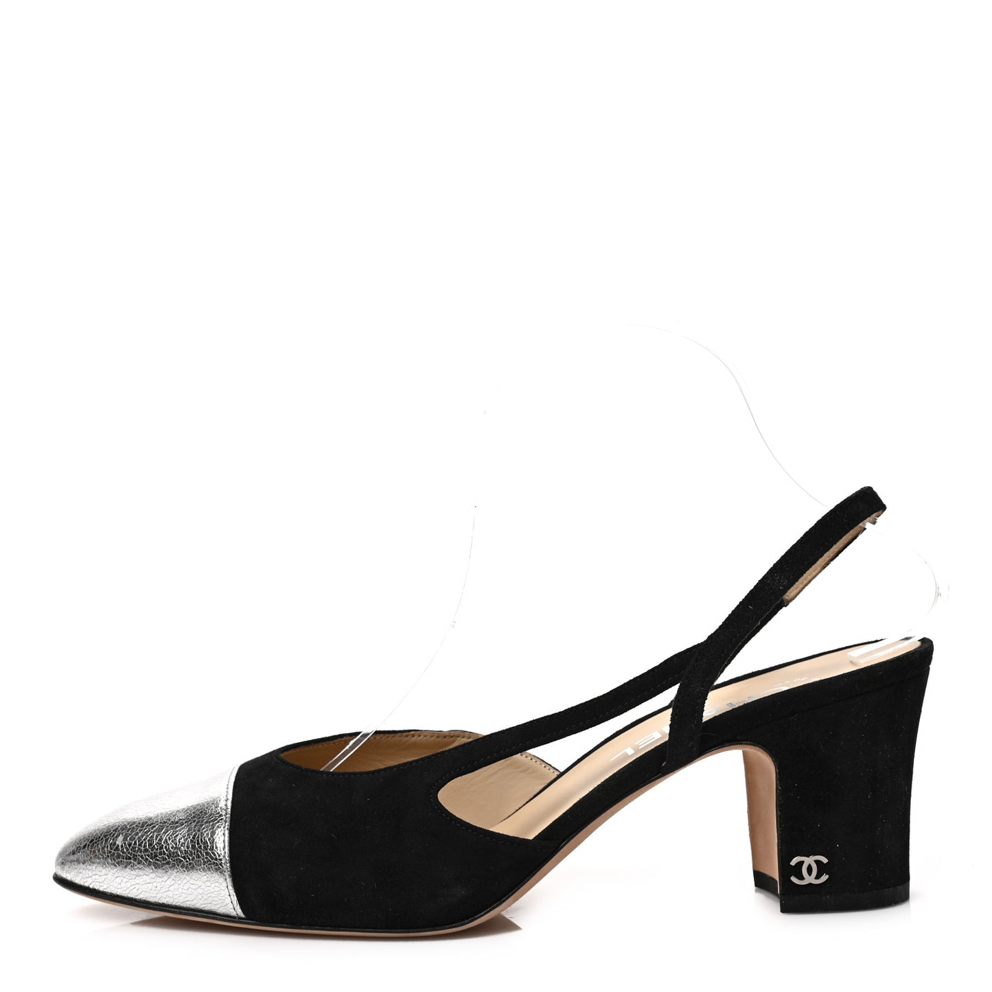 Kid Suede Metallic Lambskin Cap Toe CC Slingback Pumps 41 Black Silver