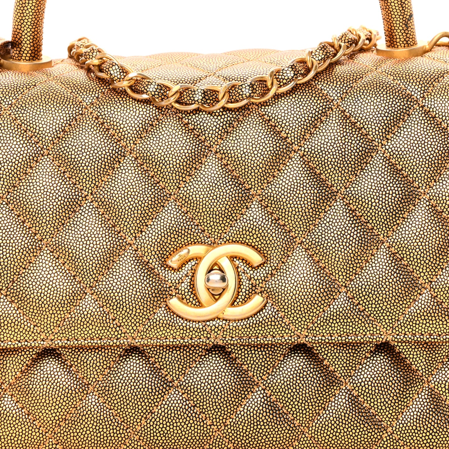 Metallic Caviar Quilted Small Coco Handle Flap Gold