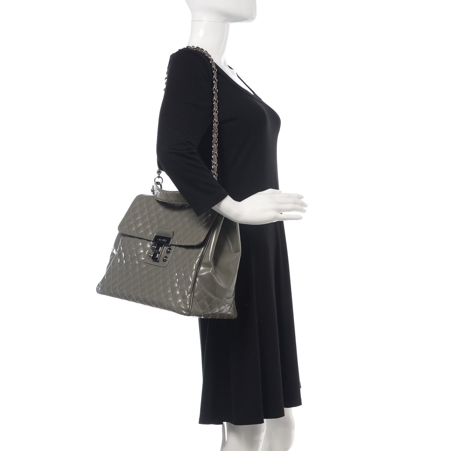 Glazed Calfskin Mademoiselle Lock Kelly Flap Bag Grey