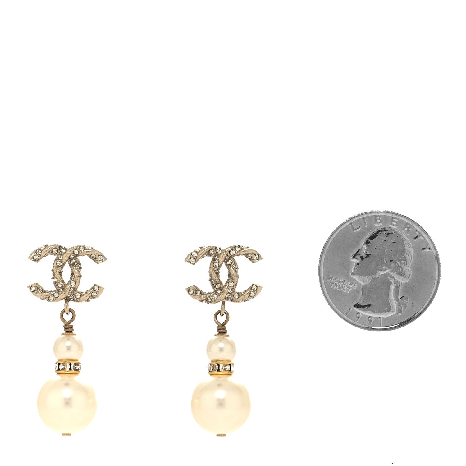 Chanel Pearl Crystal Twisted CC Drop Earrings Gold 2 of 4