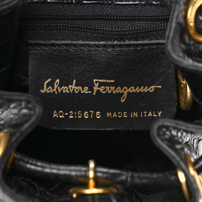 Salvatore Ferragamo Calfskin Crocodile Embossed Vara Bow Bucket Bag Black 6 of 8