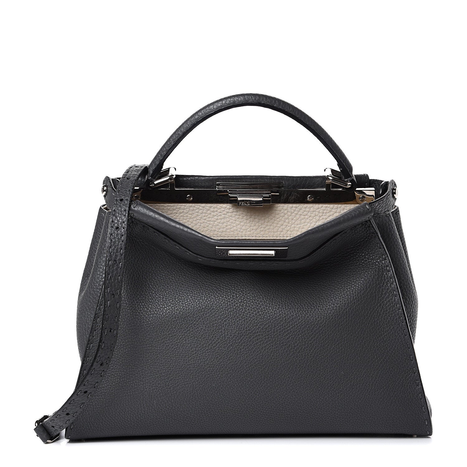 Fendi Cuoio Romano Selleria Bi-Color Medium Peekaboo Iconic Satchel Asfalto Latte 2 of 14