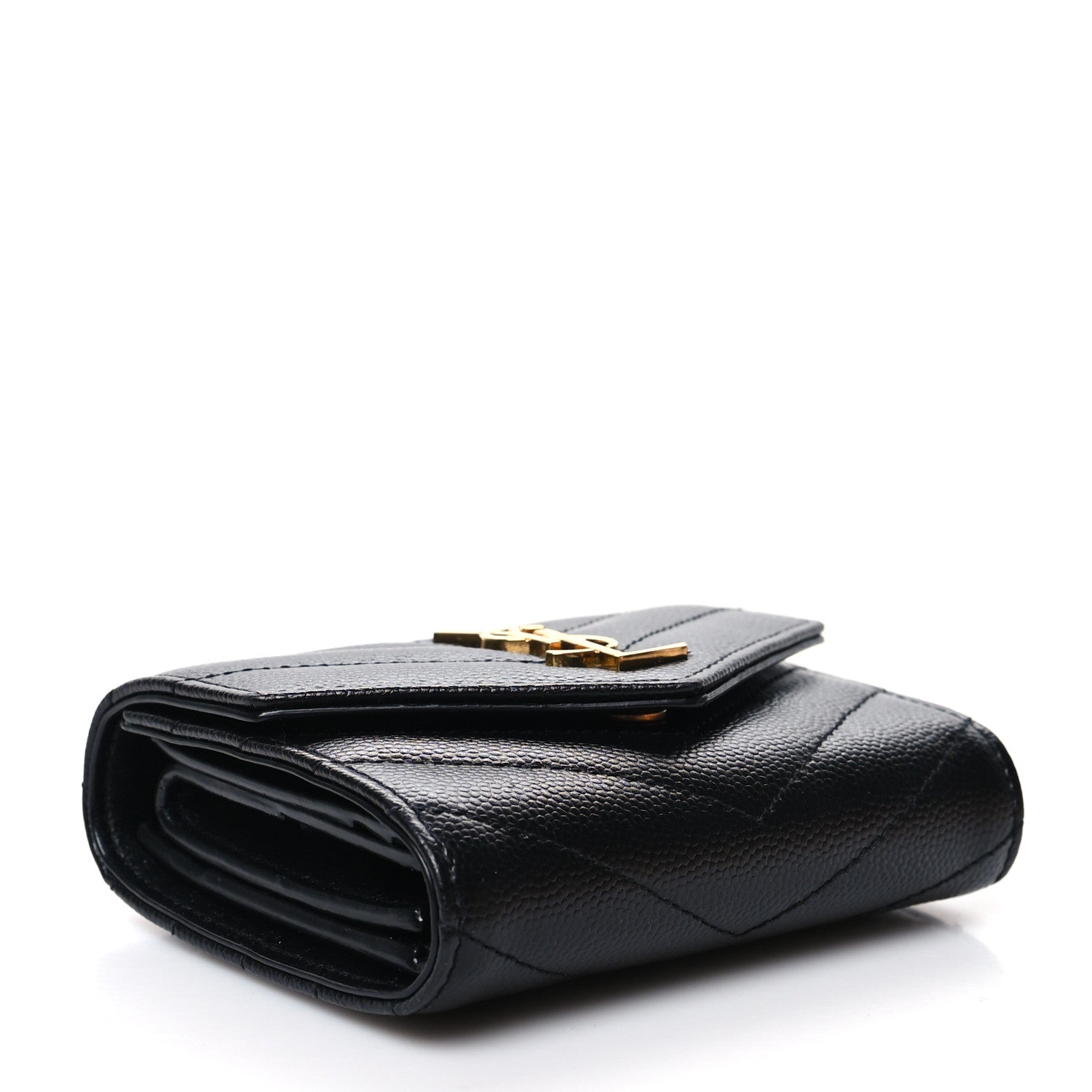 Saint Laurent Grain De Poudre Matelasse Chevron Monogram Compact Tri Fold Wallet Black 4 of 13
