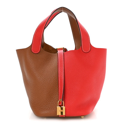 Hermes Taurillon Clemence Casaque Picotin Lock 18 PM Gold Rouge De Coeur 1 of 11