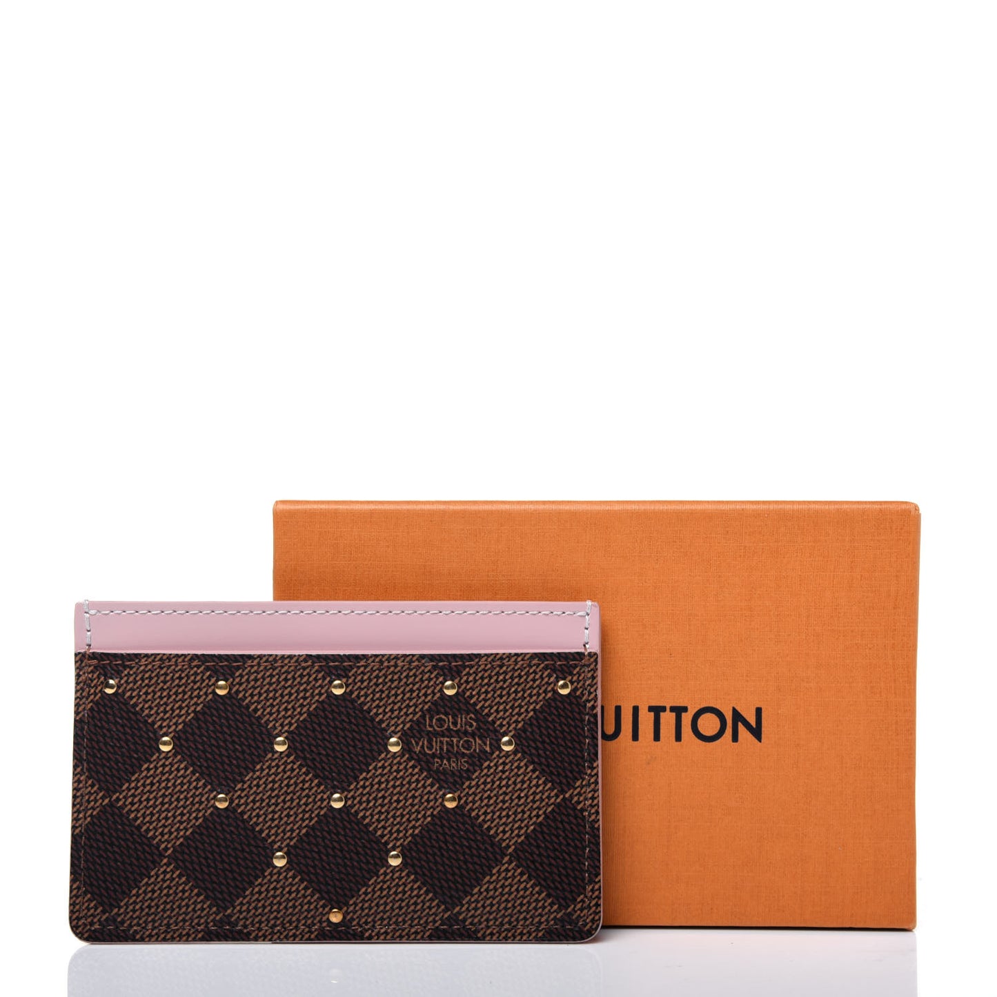 Damier Ebene Studded Card Holder Rose Ballerine