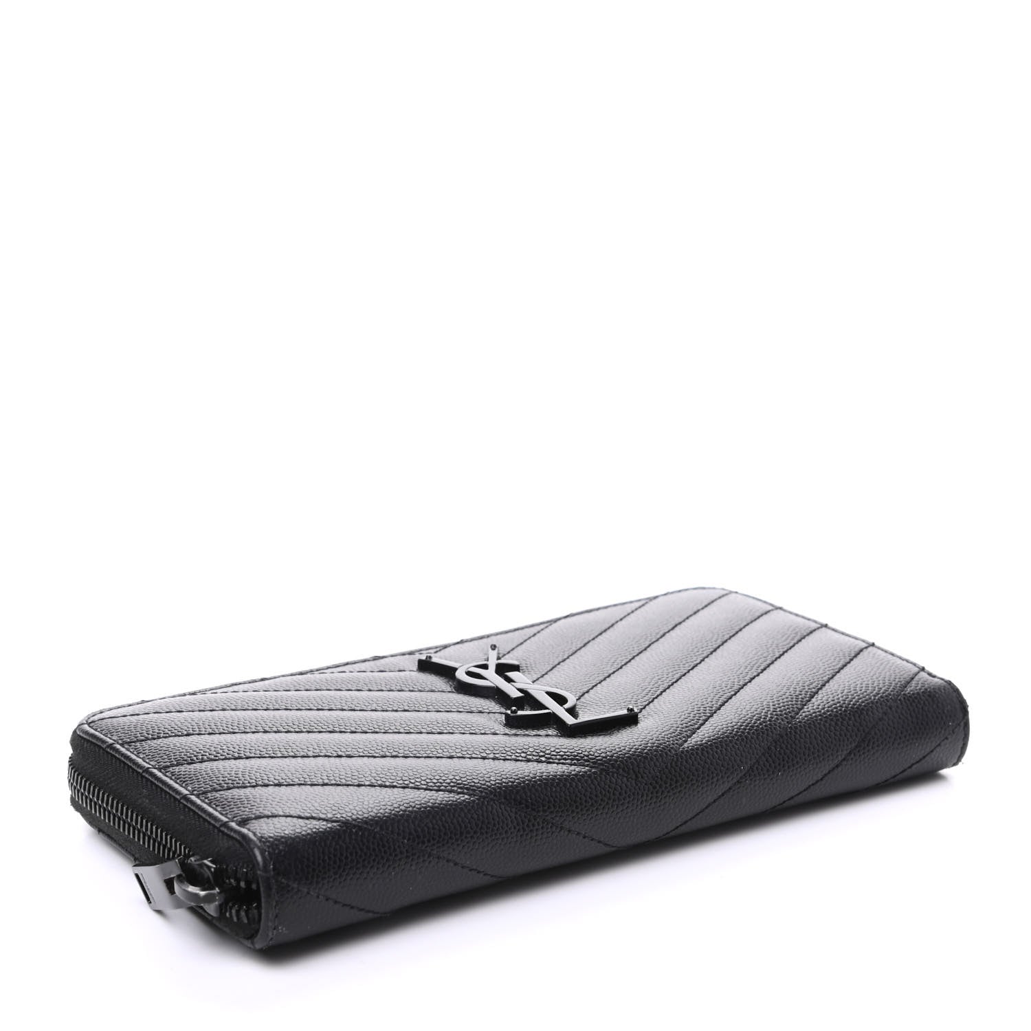 Saint Laurent Grain De Poudre Matelasse Chevron Monogram Zip Around Wallet Black 4 of 9