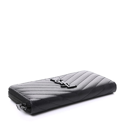 Saint Laurent Grain De Poudre Matelasse Chevron Monogram Zip Around Wallet Black 4 of 9