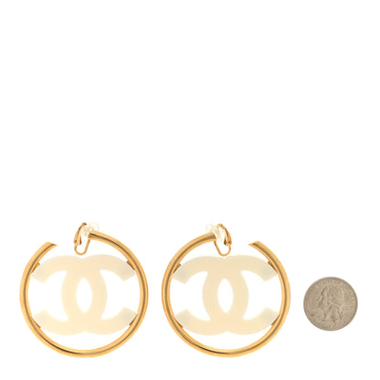 Chanel Metal Enamel CC Hoop Clip On Earrings Gold White 2 of 4