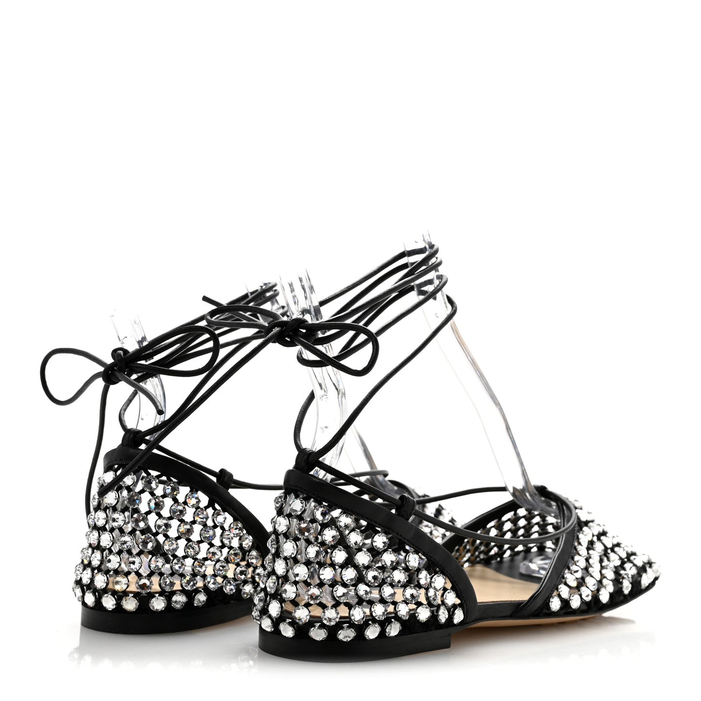 Mesh Nappa Crystal Embellished Sparkle Stretch Ankle Tie Flats 36 Black