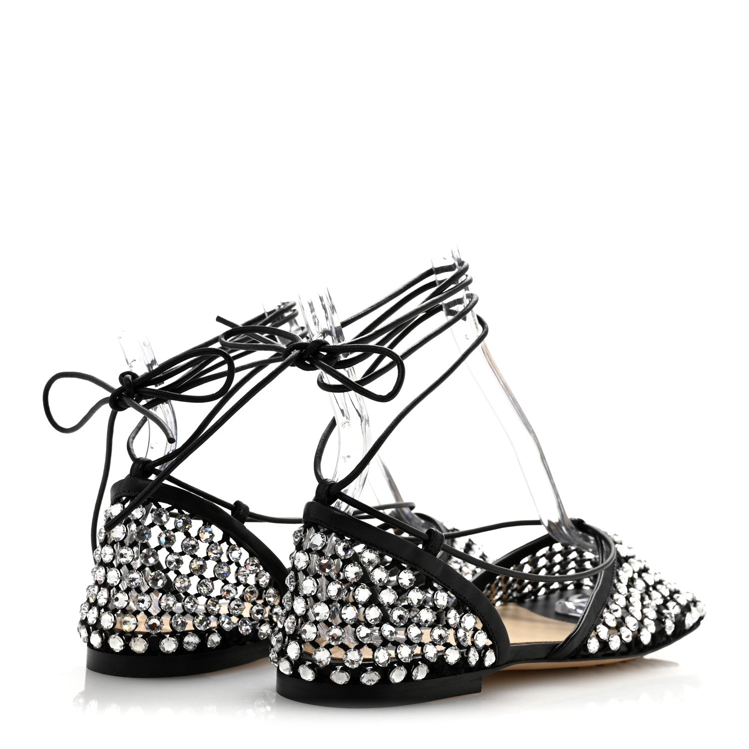 Bottega Veneta Mesh Nappa Crystal Embellished Sparkle Stretch Ankle Tie Flats 36 Black 5 of 9