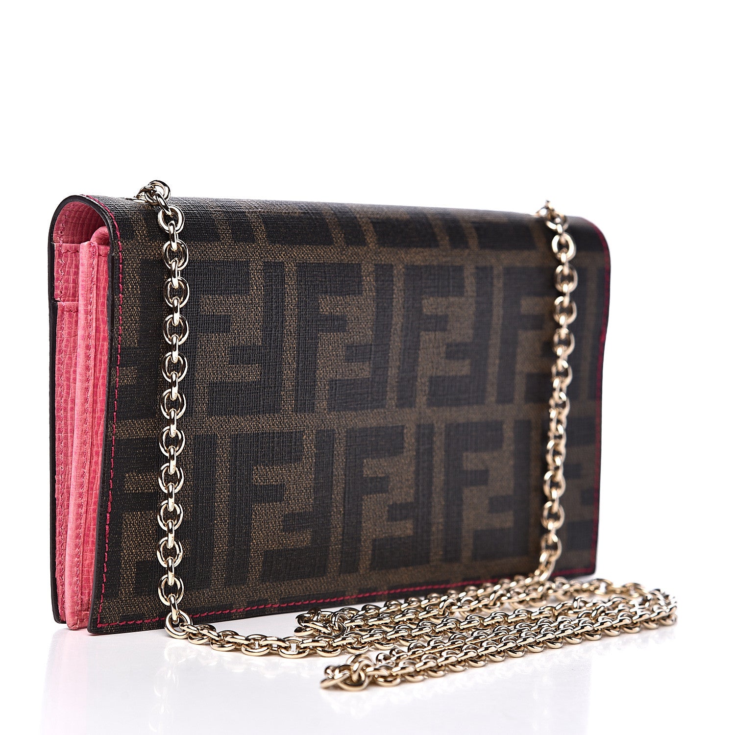 Fendi Zucca Spalmati Vitello Elite Chain Clutch Tobacco Fuxia Fragola 2 of 10