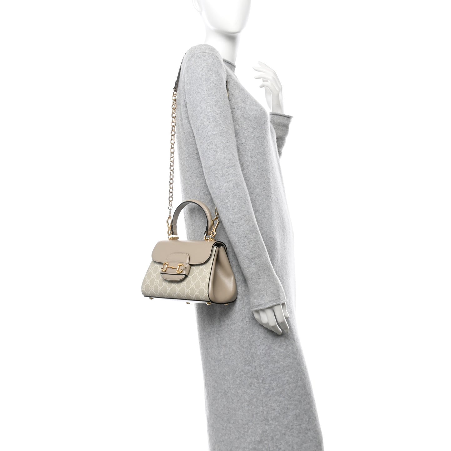 GG Supreme Monogram Azalea Calfskin Mini Horsebit 1955 Top Handle Flap Bag Beige Mystic White Oatmeal