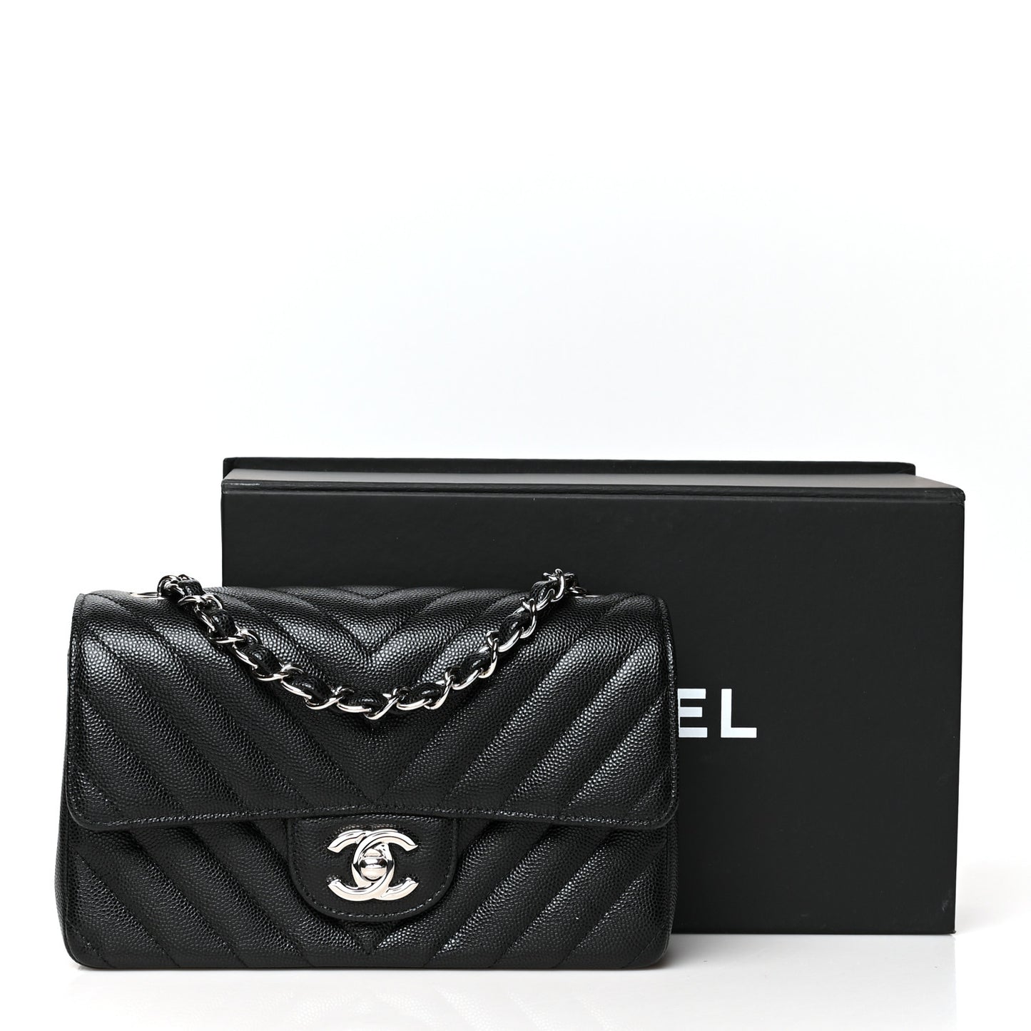 Caviar Chevron Quilted Mini Rectangular Flap Black