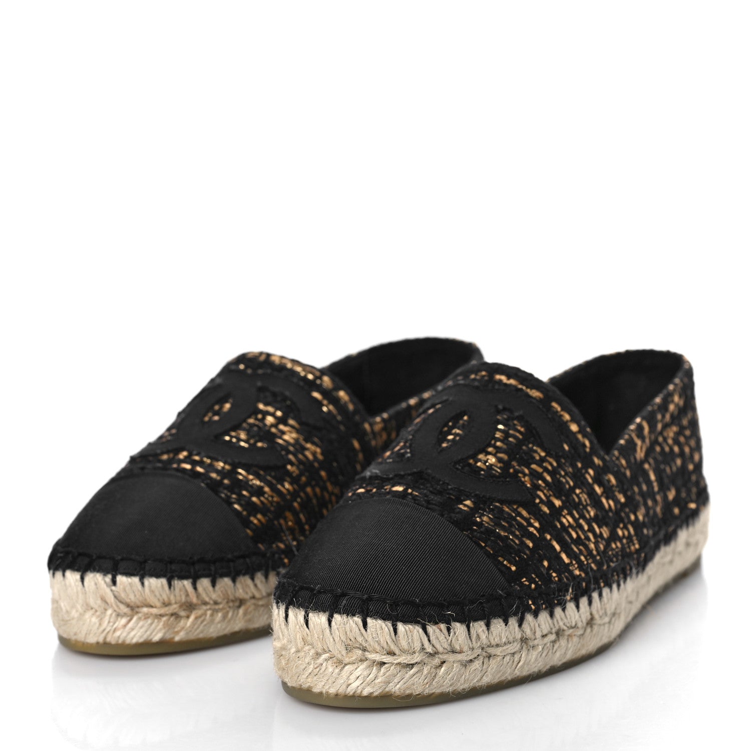 Chanel Metallic Tweed Grosgrain CC Espadrilles 37 Black Gold 4 of 10