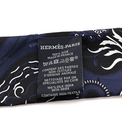 Hermes Silk Festival Des Amazones Bandana Fringed Twilly Bleu Black 3 of 5