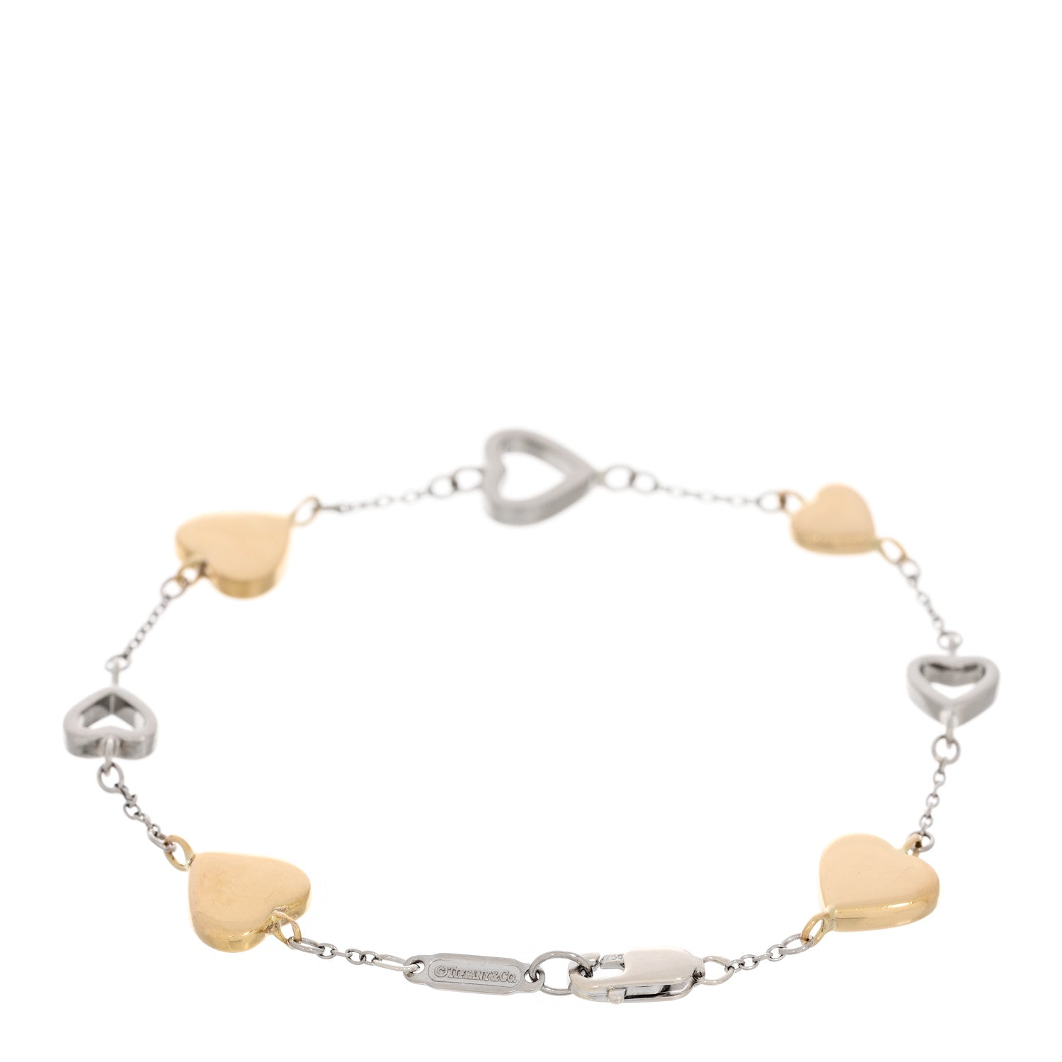 Tiffany 18K White Yellow Gold Two Tone Heart Station Bracelet 2 of 4