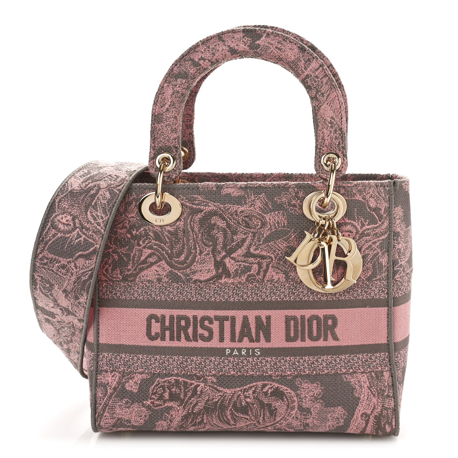 Christian Dior Canvas Toile De Jouy Embroidered Medium Lady D-Lite Gray Pink 1 of 9