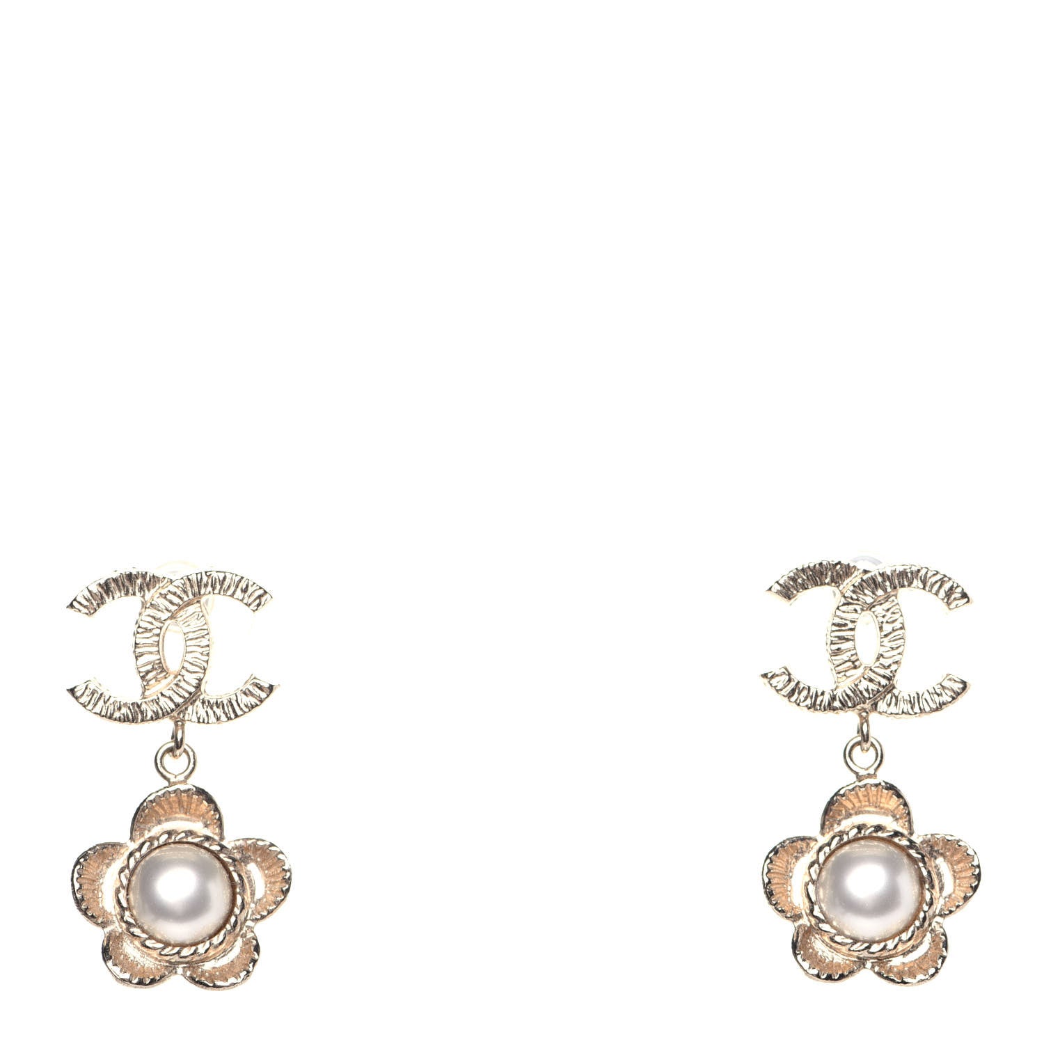 Chanel Pearl Camellia CC Drop Earrings Gold 1 of 5