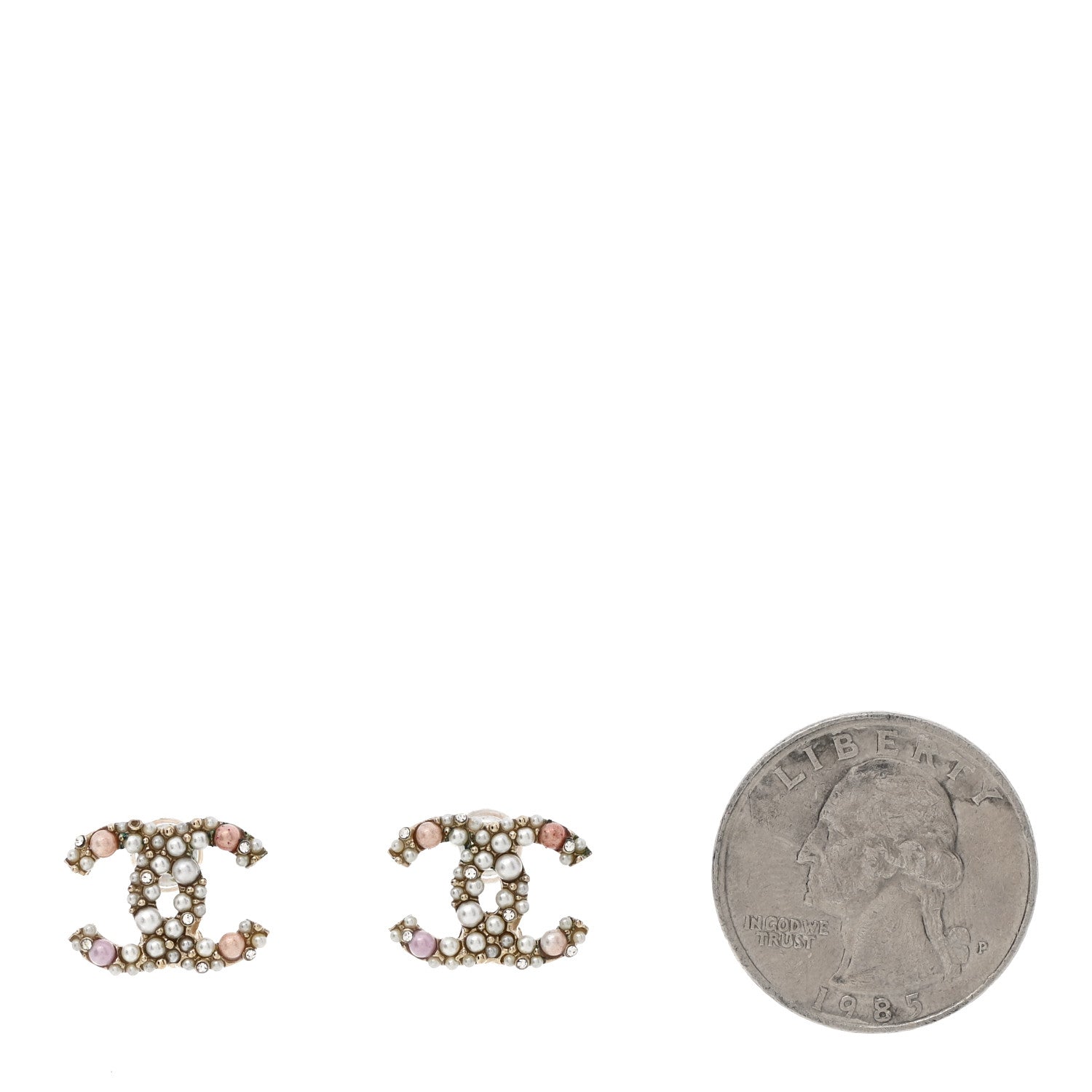 Chanel Pearl Crystal CC Charms Stud Earrings Light Gold Pink 2 of 6