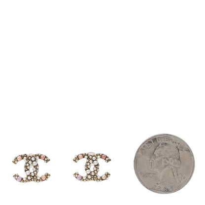 Chanel Pearl Crystal CC Charms Stud Earrings Light Gold Pink 2 of 6