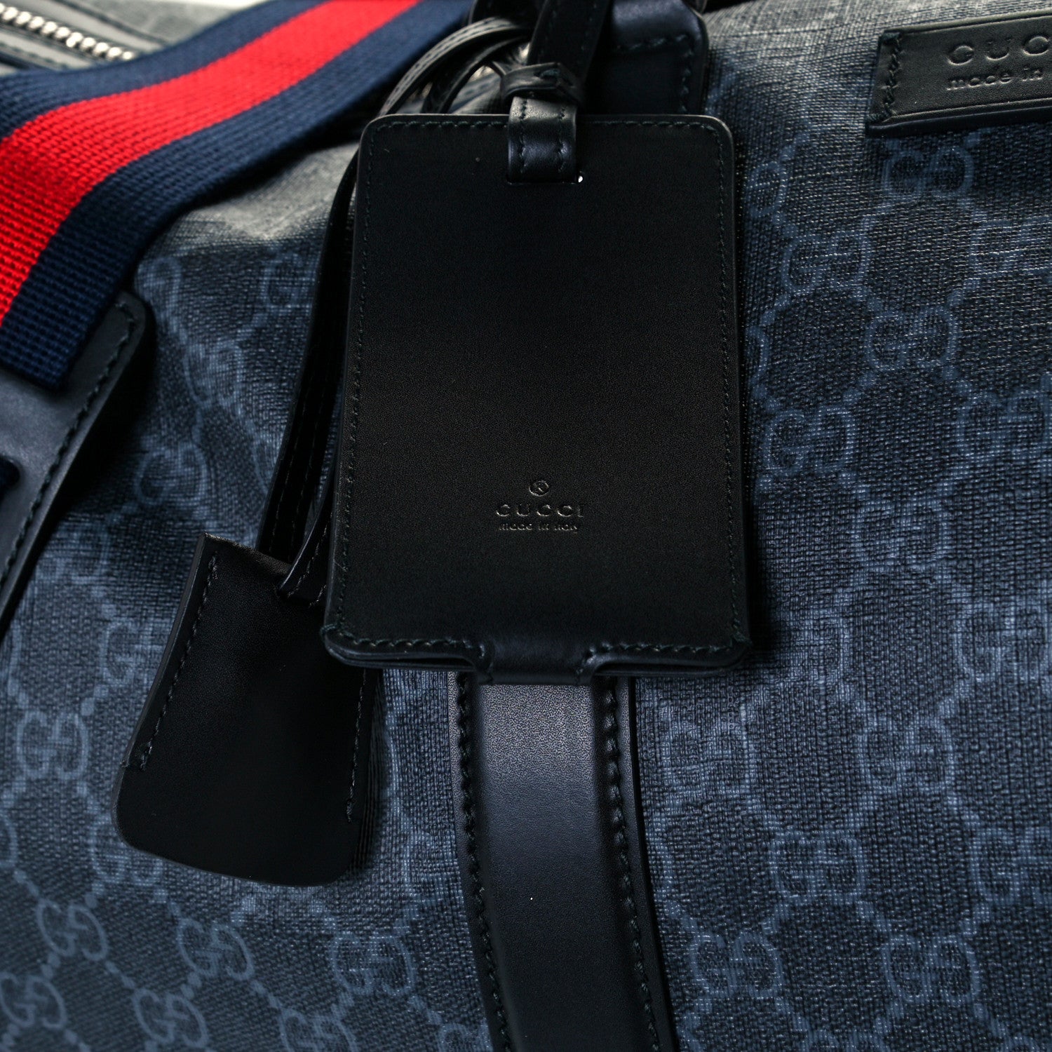 Gucci Soft GG Supreme Monogram Appia Calfskin Web Large Carry On Duffle Bag Black Grey 9 of 13
