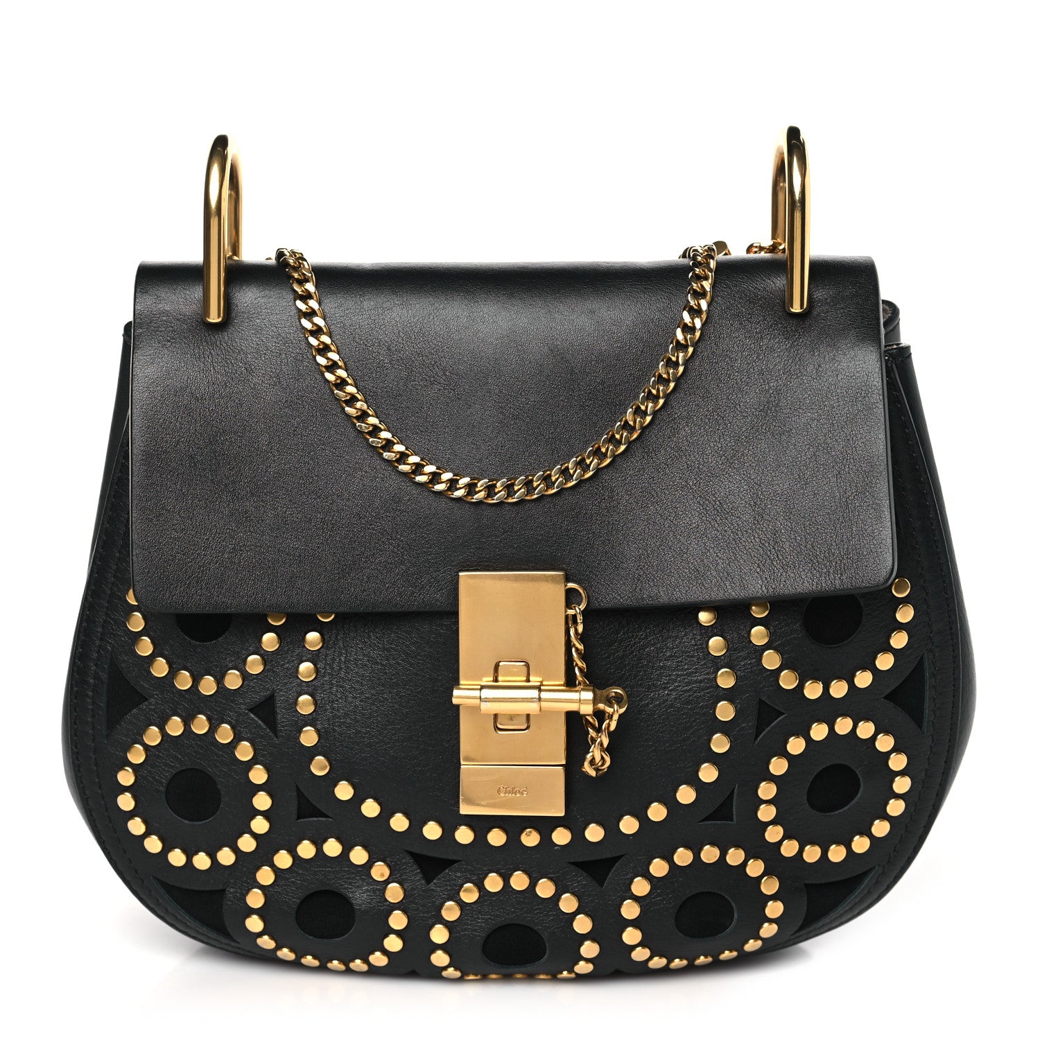 Chloe Calfskin Suede Studded Drew Shoulder Bag Black 1 of 8