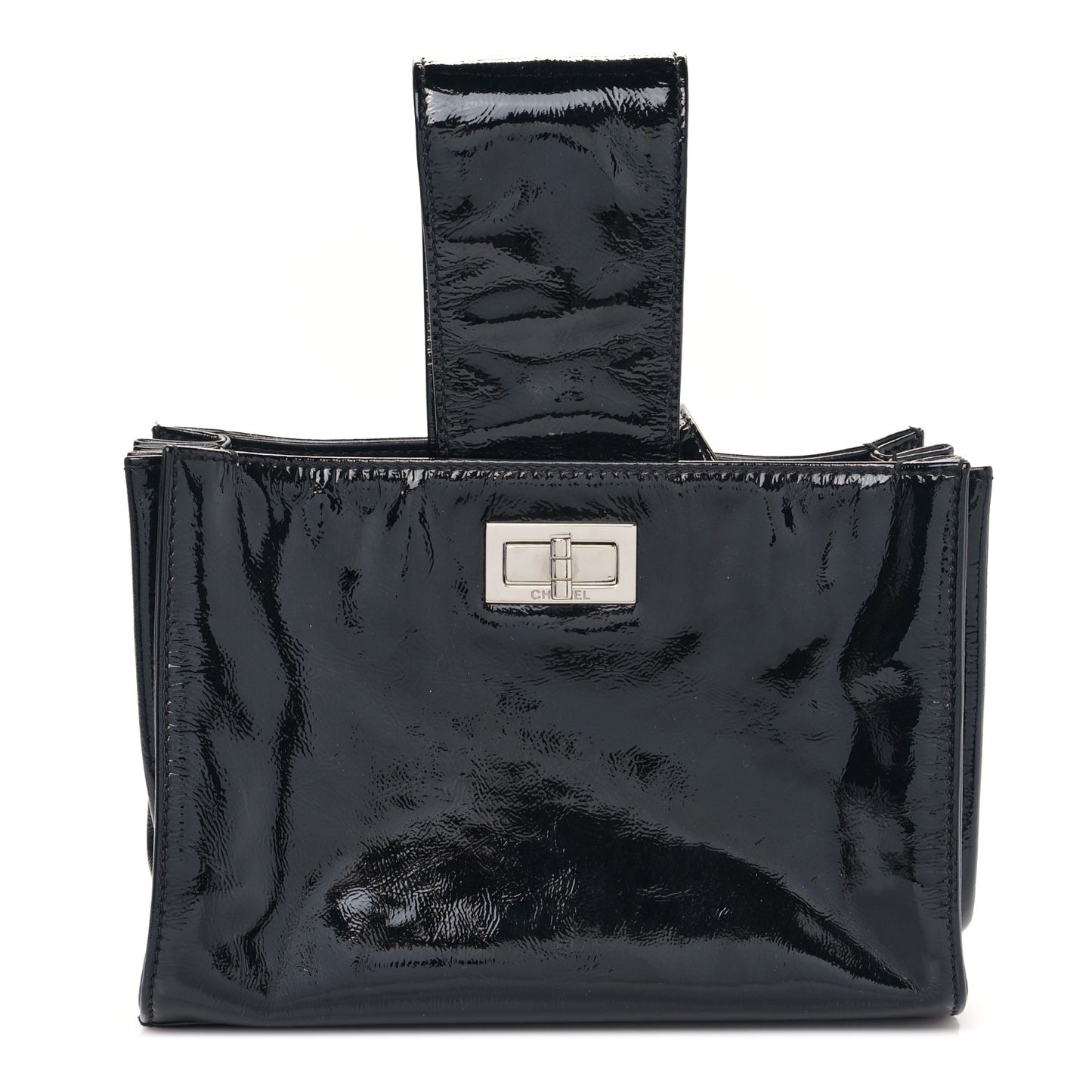 Patent Mademoiselle Lock Convertible Wrist Clutch Bag Black