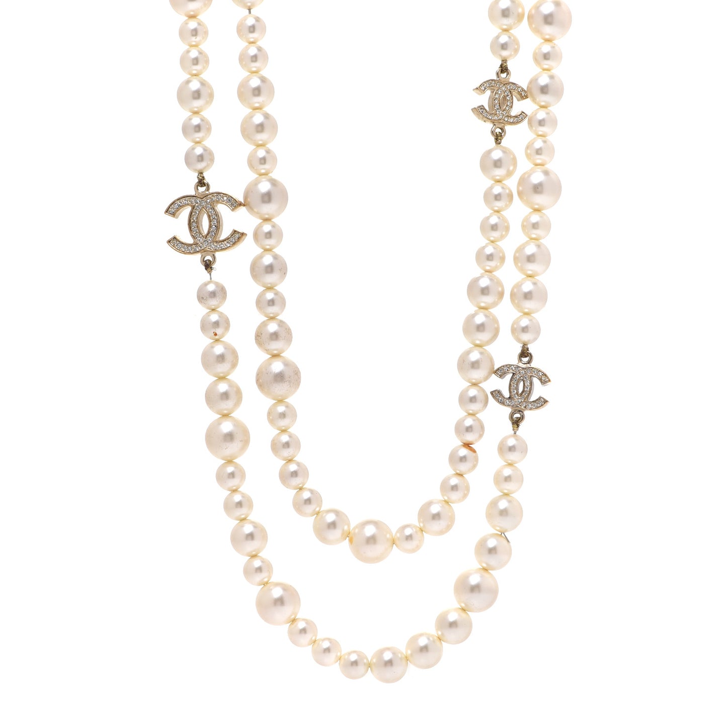 Graduated Pearl Crystal CC Long Necklace Gold