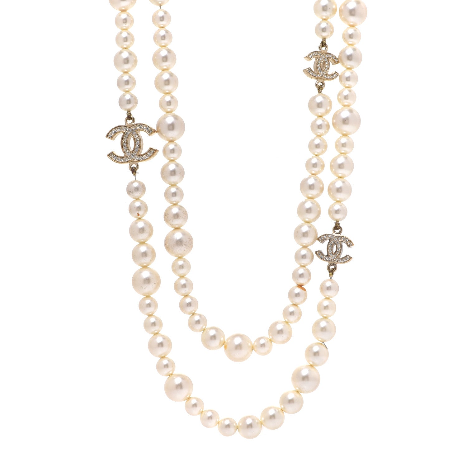 Chanel Graduated Pearl Crystal CC Long Necklace Gold 1 of 5