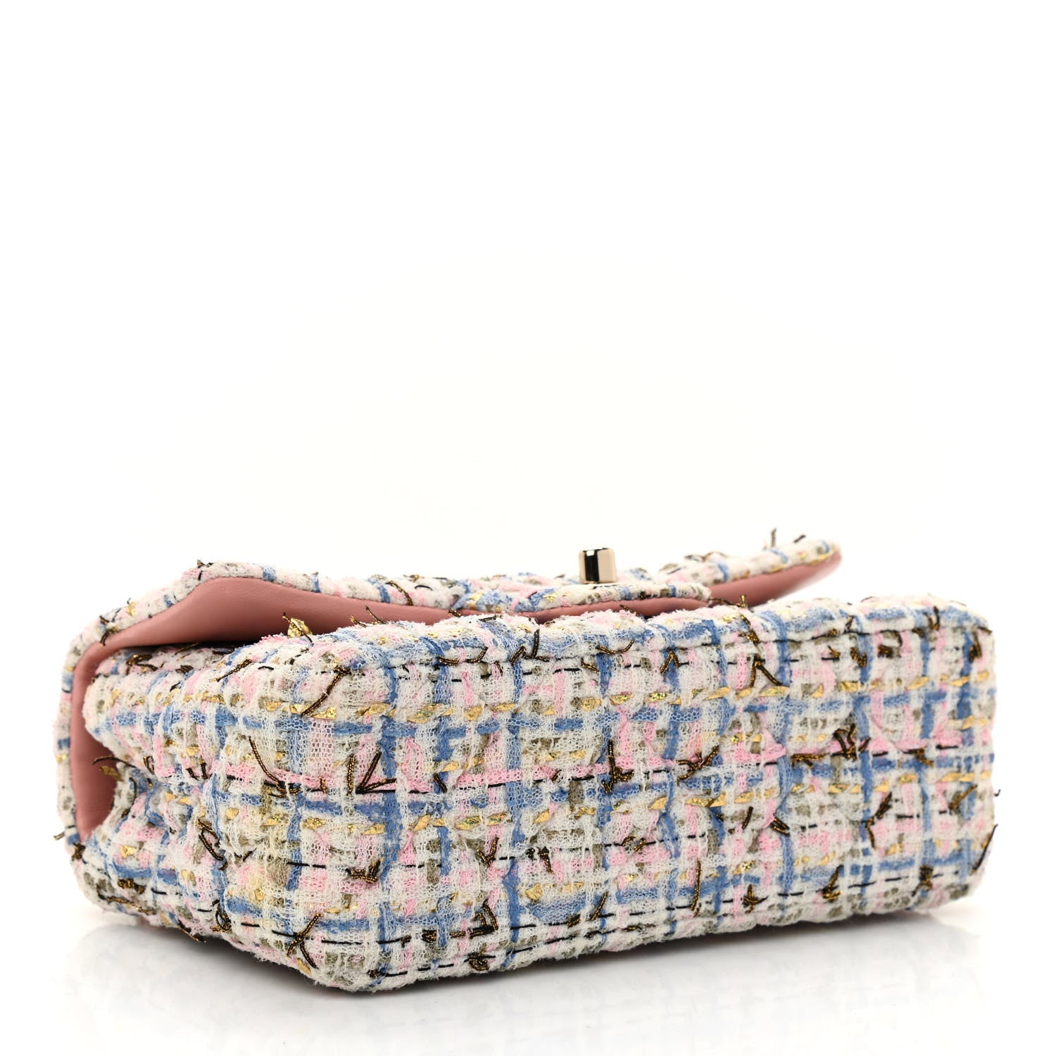 Chanel Tweed Quilted Mini Rectangular Flap Light Blue Pink Gold White 4 of 12