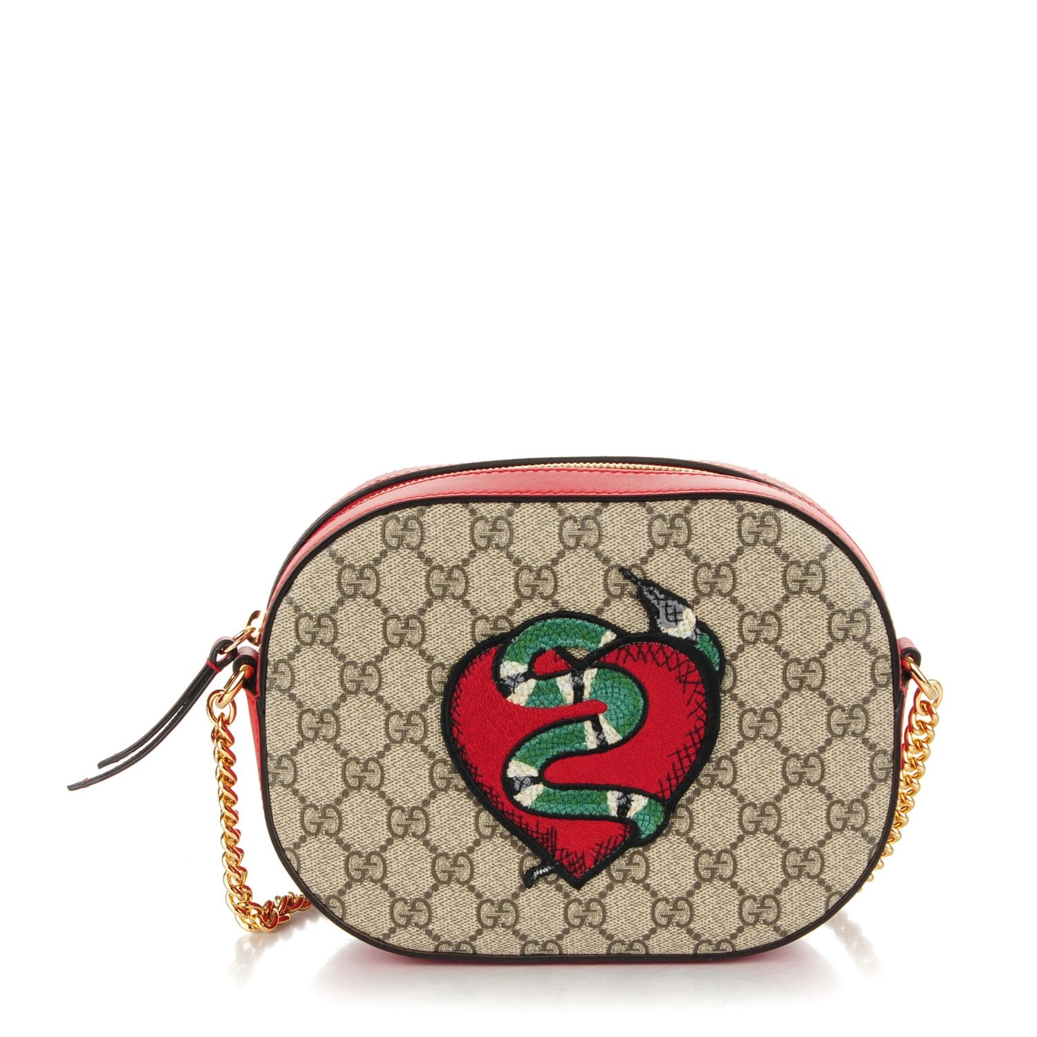 Gucci GG Supreme Monogram Kingsnake Heart Embroidered Mini Chain Shoulder Bag Beige Hibiscus Red 1 of 8