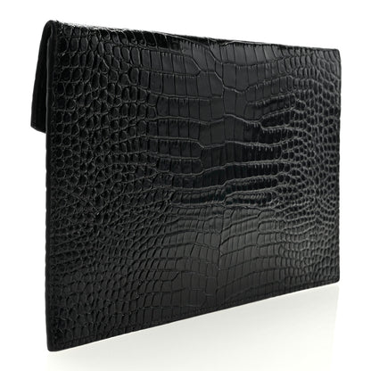 Saint Laurent Calfskin Crocodile Embossed Uptown Monogram Clutch Black 3 of 6