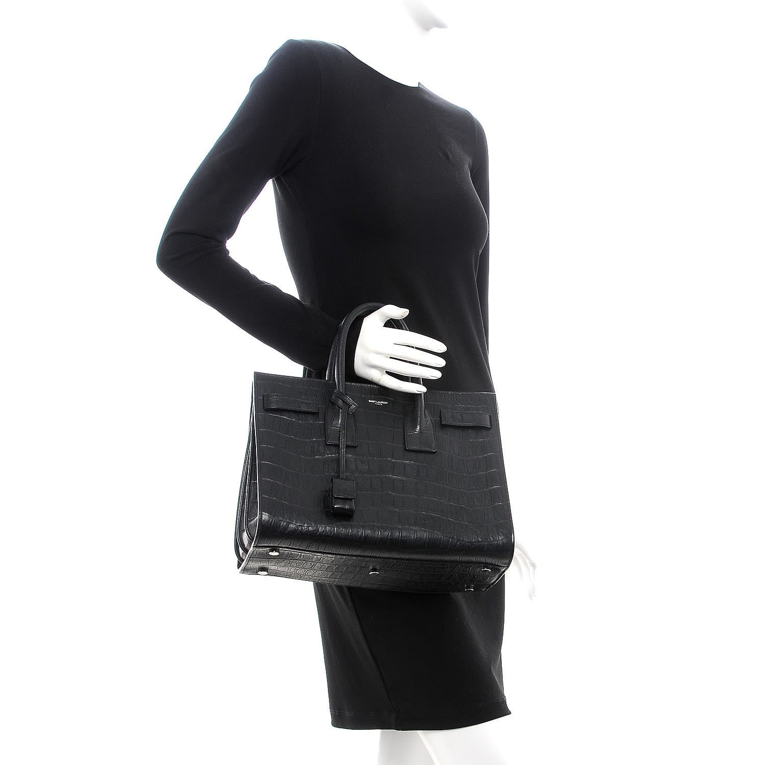 Saint Laurent Calfskin Crocodile Embossed Small Sac de Jour Black 2 of 12