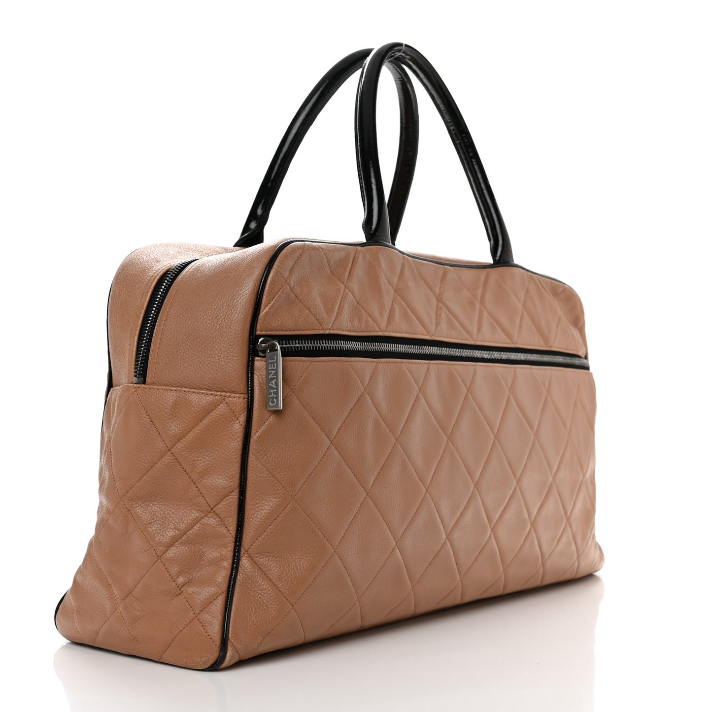 Caviar Patent Quilted Large Bowler Bag Beige Black