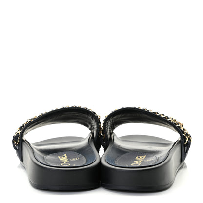 Chanel Satin Canvas Chain Slides Sandals Flats 38 Marine 4 of 8