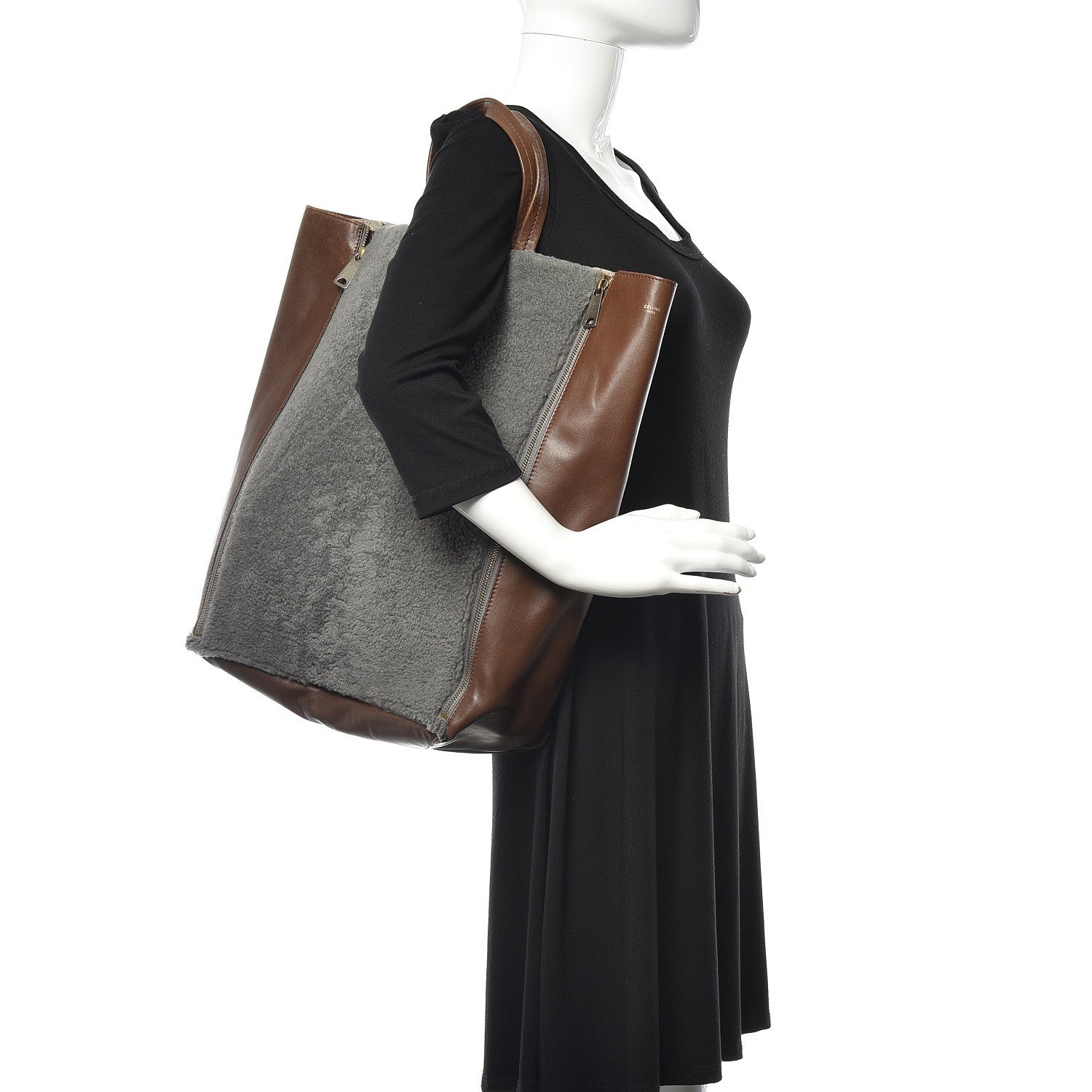 Celine Shearling Calfskin Vertical Zip Gusset Cabas Grey 2 of 10