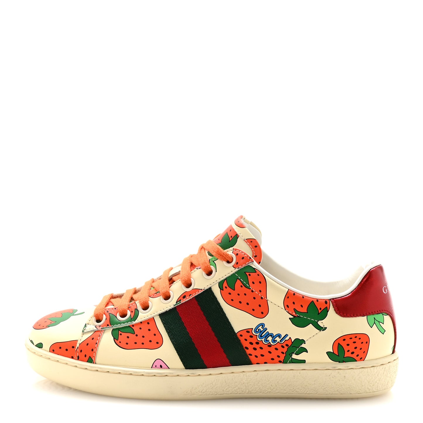 Calfskin Web Strawberry Print Womens Ace Sneakers 37 Ivory Red Green