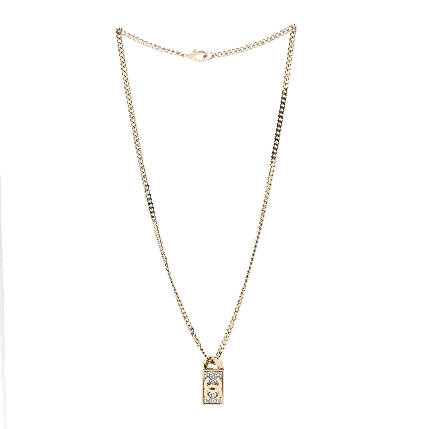 Chanel Crystal Dog Tag Charm Necklace Gold 3 of 5