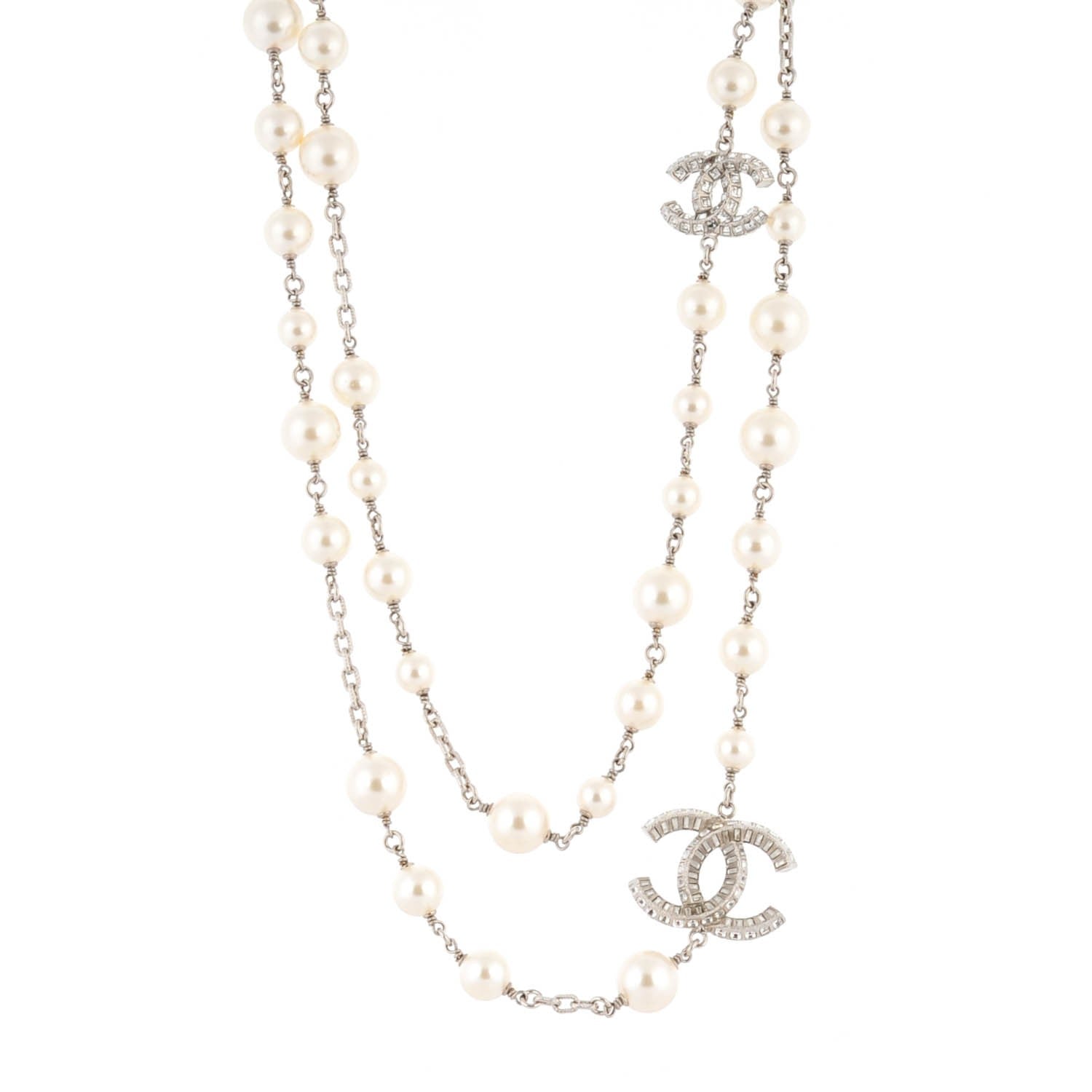 Chanel Pearl Baguette Crystal CC Long Necklace Silver 1 of 5
