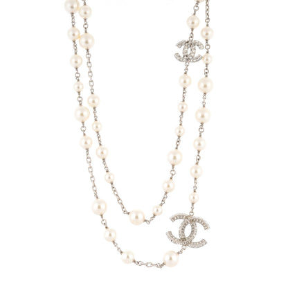 Chanel Pearl Baguette Crystal CC Long Necklace Silver 1 of 5